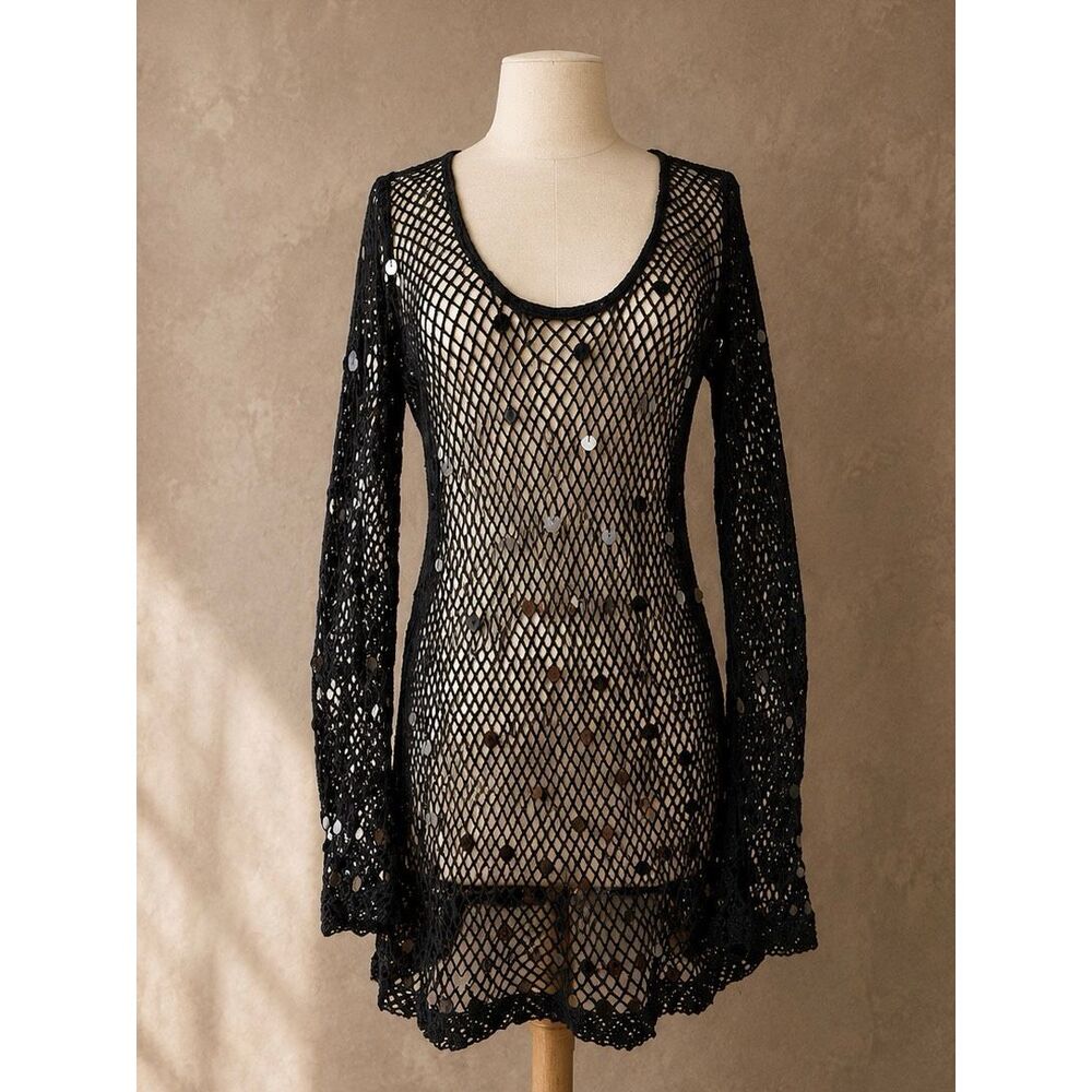 Celandine Black Sequin Fishnet Mini Dress Cover-Up Size M NWT Anthropologie - Picture 1 of 11